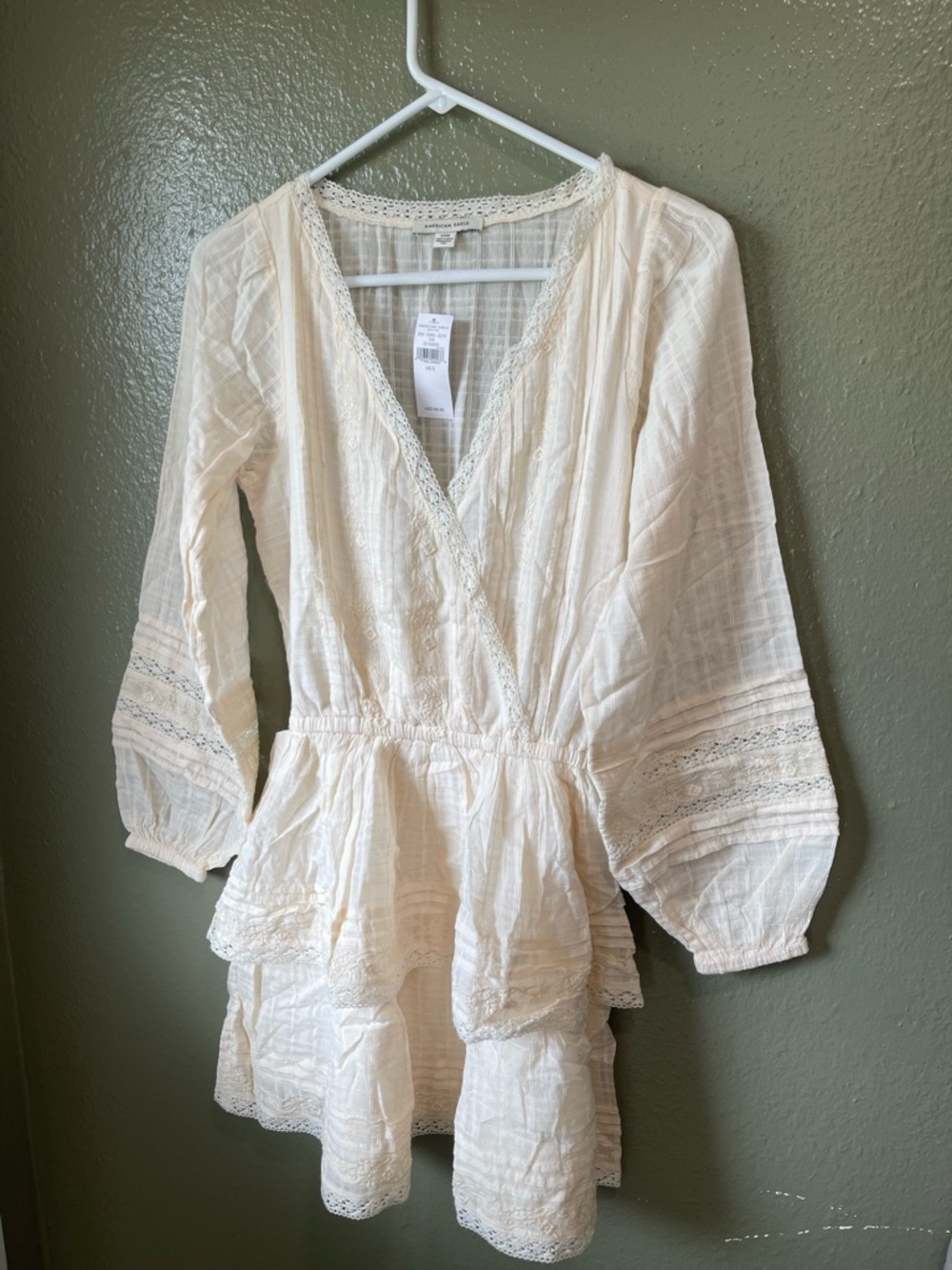 American Eagle Ivory Gauze Lace Trim Wrap Dress